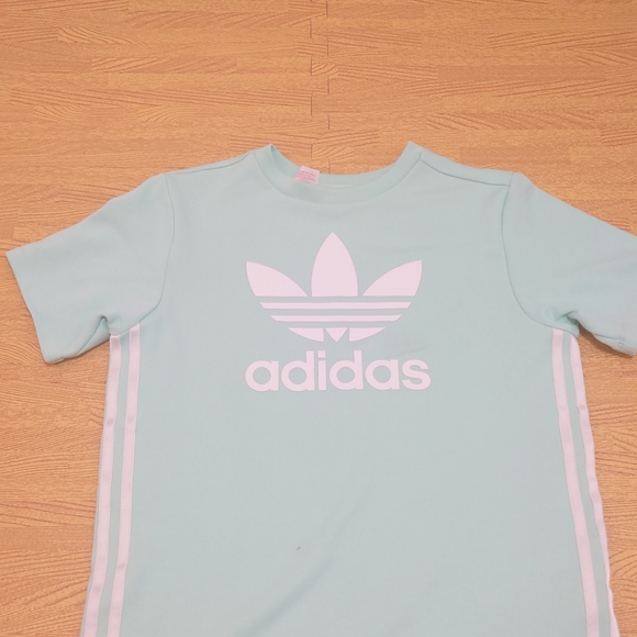 Adidas T-Shirt Dress Short Sleeve Girls 15-16 Years Green Popper Sides Trefoil - Picture 4 of 13